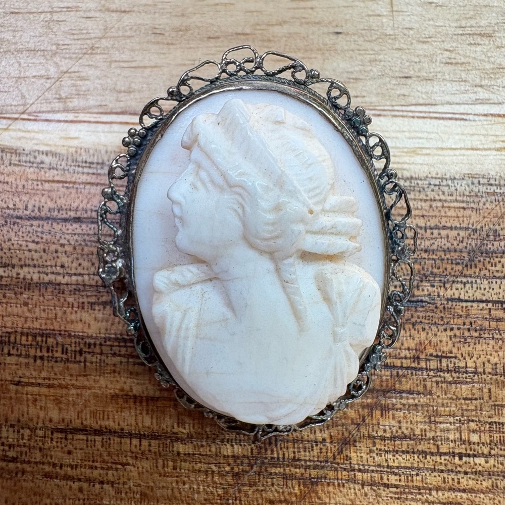 2/$25 Petite Vintage Cameo Brooch – Carved Detail, Silver Filigree Frame - Picture 5 of 5